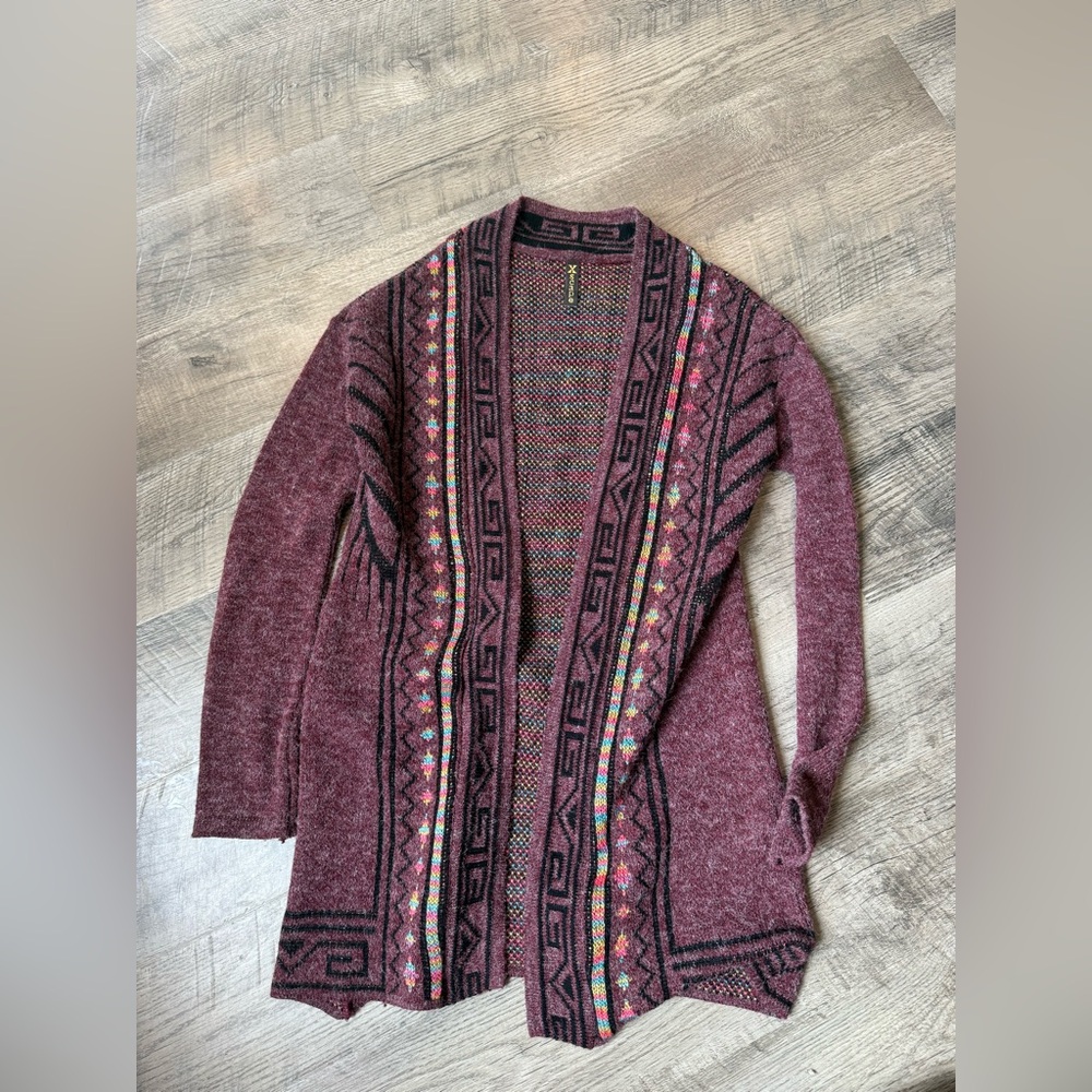 Xscape Burgundy and Black Patterned Cardigan